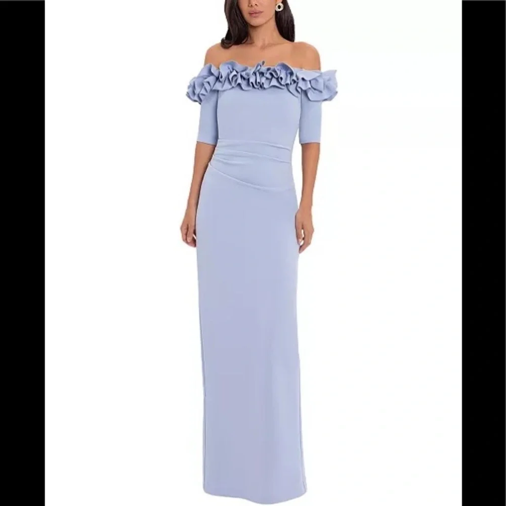 Xscape Long Blue Ruffle Dress - Picture 1 of 8